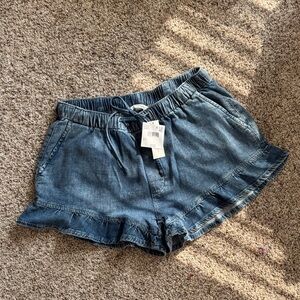 American Eagle Outfitters Denim Ruffle Hem Drawstring Shorts - Blue
